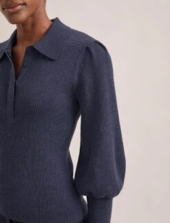 Eva Merino Wool Collared Jumper - Denim Blue -Cefinn Clothing Store RSHT K143 EVA DENIMBLUE TR77 CLEMENT NAVY 1642