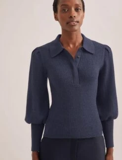 Eva Merino Wool Collared Jumper - Denim Blue -Cefinn Clothing Store RSHT K143 EVA DENIMBLUE TR77 CLEMENT NAVY 1645