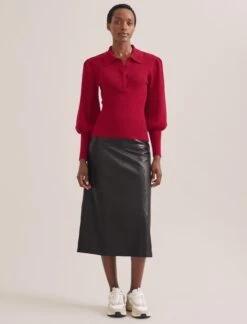 Eva Merino Wool Collared Jumper - Red -Cefinn Clothing Store RSHT K143 EVA RED LS 453