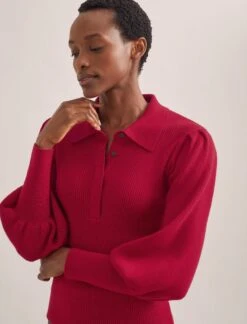 Eva Merino Wool Collared Jumper - Red -Cefinn Clothing Store RSHT K143 EVA RED LS 496