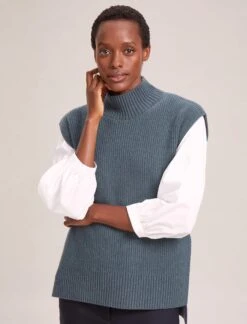 Janice Wool Funnel Neck Sleeveless Jumper - Slate Blue -Cefinn Clothing Store RSHT K25 JANICE SLATEBLUE LS 41722
