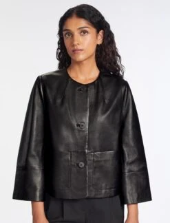 Leah Leather Cropped Jacket - Black -Cefinn Clothing Store RSHT LEAH JK50 BLACK LS 966