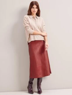 Tiana Leather Midi Skirt - Red -Cefinn Clothing Store RSHT SK119 TIANA RED LS 0534
