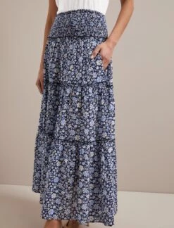 Kira Cotton Blend Maxi Skirt - Blue Ditsy Carnation Print -Cefinn Clothing Store RSHT SK169 KIRA BLUE DITSY CARNATION PRINT LS 2920