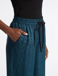 Rosa Silk Blend Trouser - Petrol Blue Leopard Pansy Print -Cefinn Clothing Store RSHT TR57 ROSA PETROL BLUE LS 4630