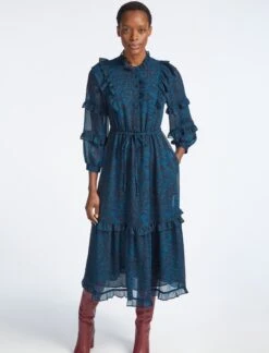 Tilly Drawstring Maxi Dress - Blue Marble Print -Cefinn Clothing Store SP22 D401 TILLY BLUEMARBLEPRINT LS 3148