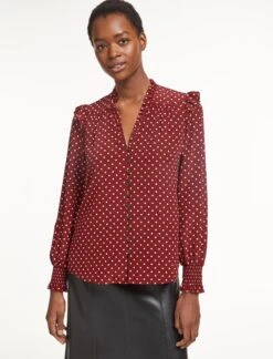 Stella Silk Shirt - Lipstick White Polka Dot -Cefinn Clothing Store SP23 S46 STELLA LIPSTICKWHITEPOLKADOT LS 0469