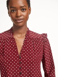 Stella Silk Shirt - Lipstick White Polka Dot -Cefinn Clothing Store SP23 S46 STELLA LIPSTICKWHITEPOLKADOT LS 0477