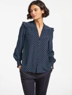 Stella Silk Shirt - Navy Turquoise Polka Dot 11 Stella Silk Shirt - Navy Turquoise Polka Dot -Cefinn Clothing Store SP23 S46 STELLA NAVY TURQUOISE POLKA DOT LS 16179