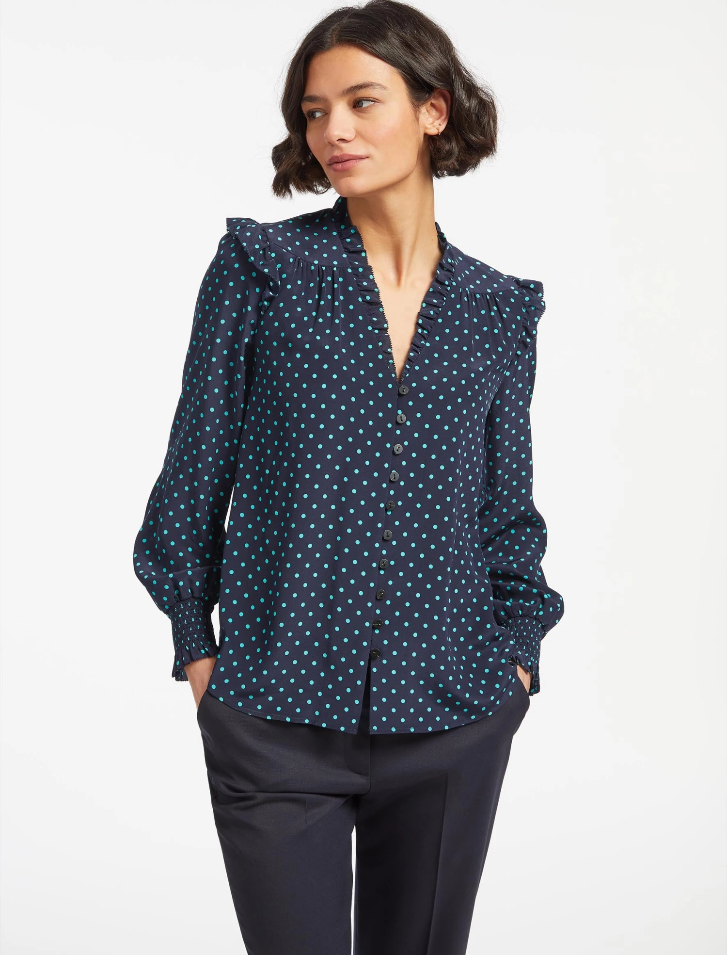 Stella Silk Shirt - Navy Turquoise Polka Dot 5 Stella Silk Shirt - Navy Turquoise Polka Dot - Image 3