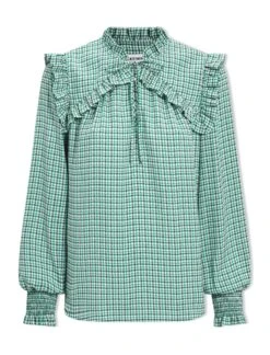 Bay Blouse - Ecru Green Houndstooth Print -Cefinn Clothing Store SP24 B155 BAY ECRUGREENHOUNDSTOOTHPRINT LS