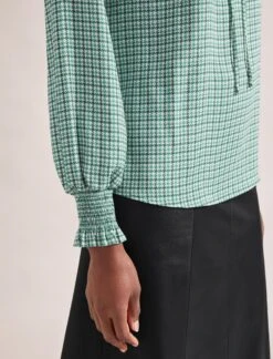 Bay Blouse - Ecru Green Houndstooth Print -Cefinn Clothing Store SP24 B155 BAY ECRUGREENHOUNDSTOOTHPRINT LS 1073