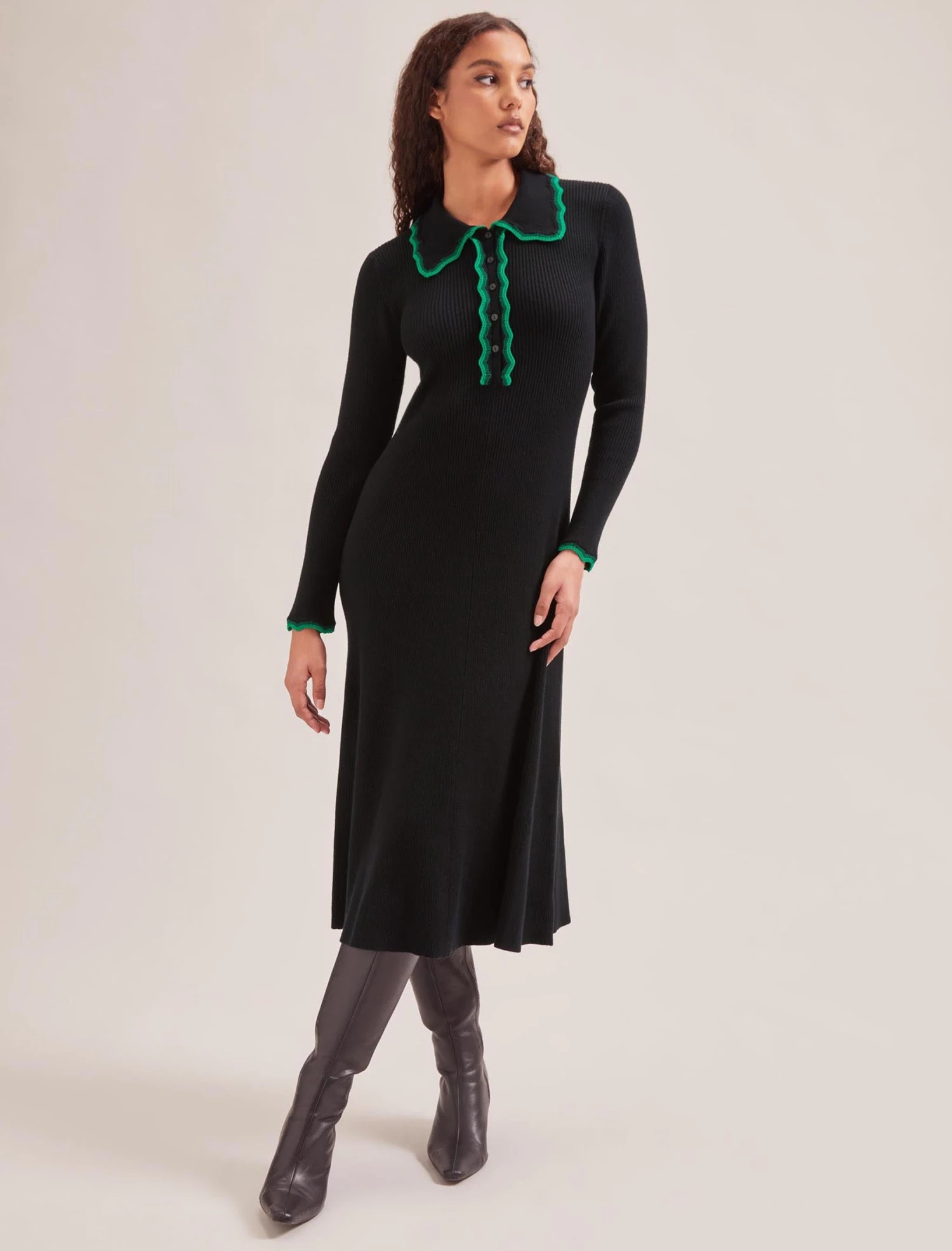 Josie Wool Knit Dress - Black Emerald Green 3 Josie Wool Knit Dress - Black Emerald Green