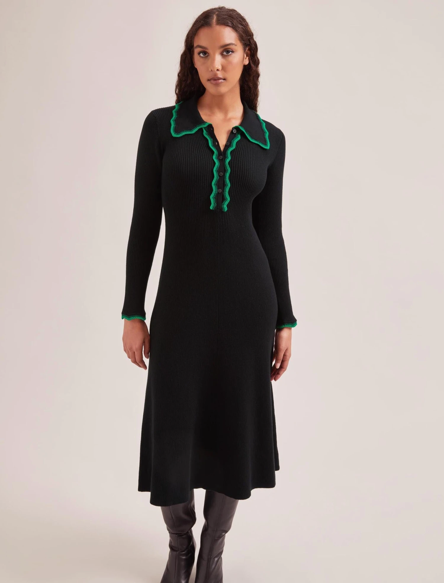 Josie Wool Knit Dress - Black Emerald Green 5 Josie Wool Knit Dress - Black Emerald Green - Image 3