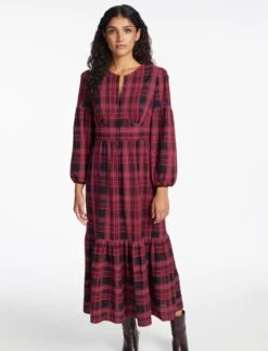 Daphne Organic Cotton Seersucker Maxi Dress - Red Black -Cefinn Clothing Store SP24 D606 DAPHNE RED BLACK LS 1021