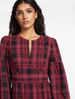 Daphne Organic Cotton Seersucker Maxi Dress - Red Black -Cefinn Clothing Store SP24 D606 DAPHNE RED BLACK LS 1035