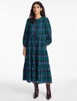 Alice Organic Cotton Seersucker Maxi Dress - Navy Green -Cefinn Clothing Store SP24 D607 ALICE NAVY GREEN LS 1065