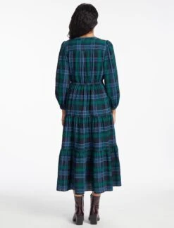 Alice Organic Cotton Seersucker Maxi Dress - Navy Green -Cefinn Clothing Store SP24 D607 ALICE NAVY GREEN LS 1138