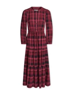 Alice Organic Cotton Seersucker Maxi Dress - Red Black -Cefinn Clothing Store SP24 D607 ALICE REDBLACK LS