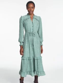 Loretta Maxi Dress - Ecru Green Houndstooth Print 14 Loretta Maxi Dress - Ecru Green Houndstooth Print -Cefinn Clothing Store SP24 D616 LORETTA GREEN BLACK TRELLIS PRINT LS 860
