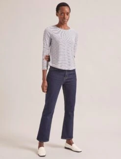 Maia Cotton Silk Blend T-Shirt - White Navy Stripe -Cefinn Clothing Store SP24 K174 MAIA WHITENAVYSTRIPE LS 1988