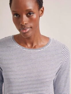 Maia Cotton Silk Blend T-Shirt - White Navy Stripe -Cefinn Clothing Store SP24 K174 MAIA WHITENAVYSTRIPE LS 2004
