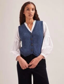 Wesley Cashmere Blend V Neck Waistcoat - Denim Blue -Cefinn Clothing Store SP24 K82 WESLEY DENIMBLUE LS 1517