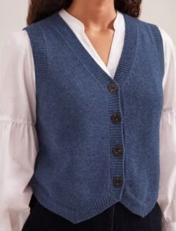 Wesley Cashmere Blend V Neck Waistcoat - Denim Blue -Cefinn Clothing Store SP24 K82 WESLEY DENIMBLUE LS 1539