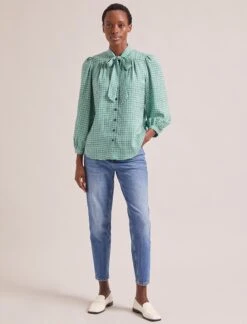 Aubrey Shirt - Ecru Green Houndstooth Print -Cefinn Clothing Store SP24 S84 AUBREY ECRUGREENHOUNDSTOOTHPRINT LS 0094