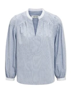 Erica Organic Cotton Shirt - Mid Stripe Blue White -Cefinn Clothing Store SP24 S87 ERICA MIDBLUEWHITESTRIPE LS