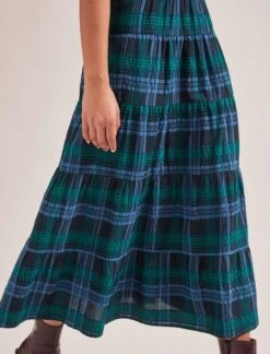 Maria Organic Cotton Seersucker Maxi Skirt - Navy Green -Cefinn Clothing Store SP24 SK185 MARIA NAVYGREEN LS 1336