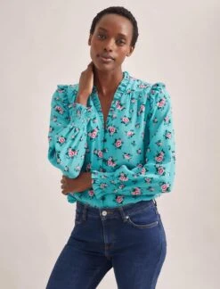 Stella Silk Shirt - Mint Posy Print -Cefinn Clothing Store STELLA MINT ROSE 2509