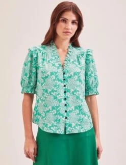 Stella Silk Blouse - Green Damask Print -Cefinn Clothing Store SU24 B158 STELLA GREENDAMASKPRINT LS 056