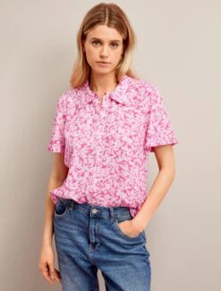 Pippi Cotton Blend Blouse - Hot Pink Blossom Print -Cefinn Clothing Store SU24 B159 PIPPI HOTPINKBLOSSOMPRINT LS 27001