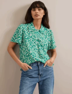 Pippi Cotton Blend Blouse - Mid Green Blossom Print