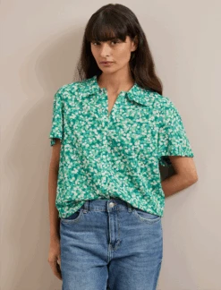 Pippi Cotton Blend Blouse - Mid Green Blossom Print -Cefinn Clothing Store SU24 B159 PIPPI MIDGREENBLOSSOMPRINT LS 1241