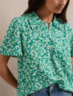 Pippi Cotton Blend Blouse - Mid Green Blossom Print -Cefinn Clothing Store SU24 B159 PIPPI MIDGREENBLOSSOMPRINT LS 1276