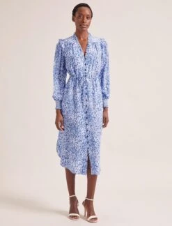 Stella Silk Midi Dress - Blue Leopard Pansy Print -Cefinn Clothing Store SU24 D368 STELLA BLUELEOPARDPANSYPRINT LS 1818copy