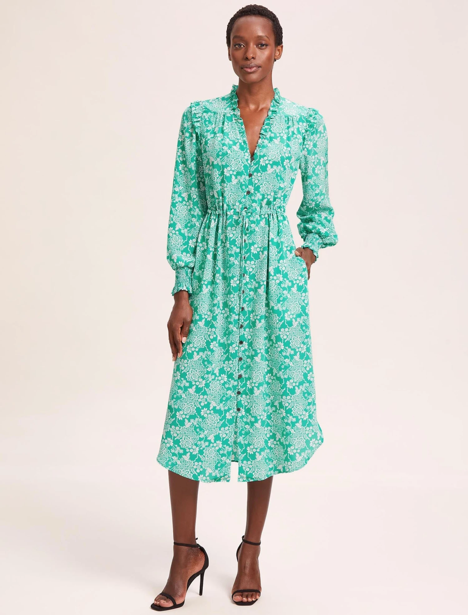 Stella Silk Midi Dress - Green Damask Print 3 Stella Silk Midi Dress - Green Damask Print