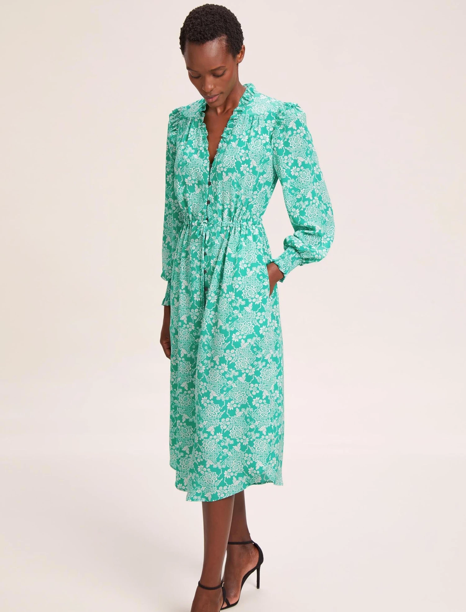 Stella Silk Midi Dress - Green Damask Print 6 Stella Silk Midi Dress - Green Damask Print - Image 4