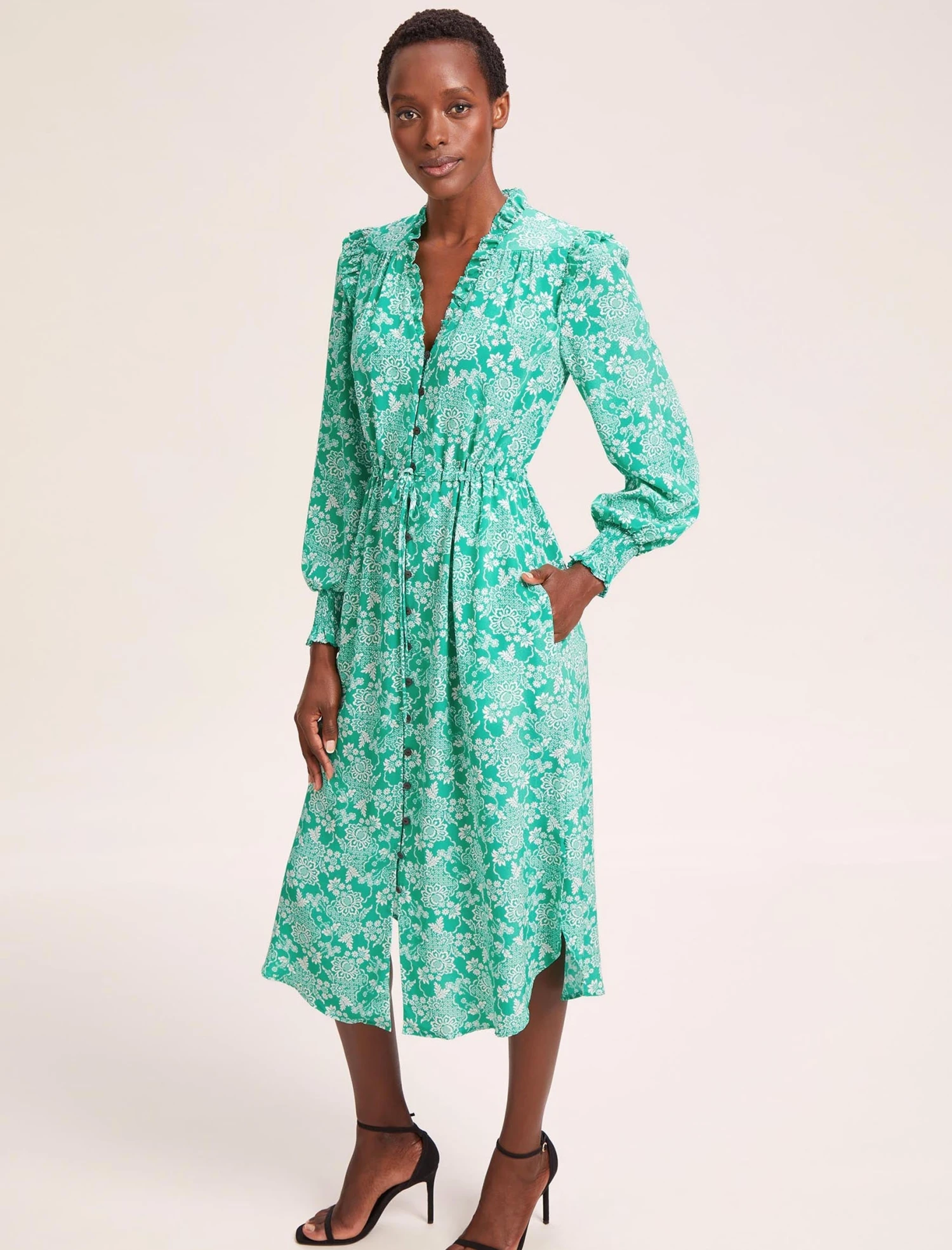 Stella Silk Midi Dress - Green Damask Print 9 Stella Silk Midi Dress - Green Damask Print - Image 7
