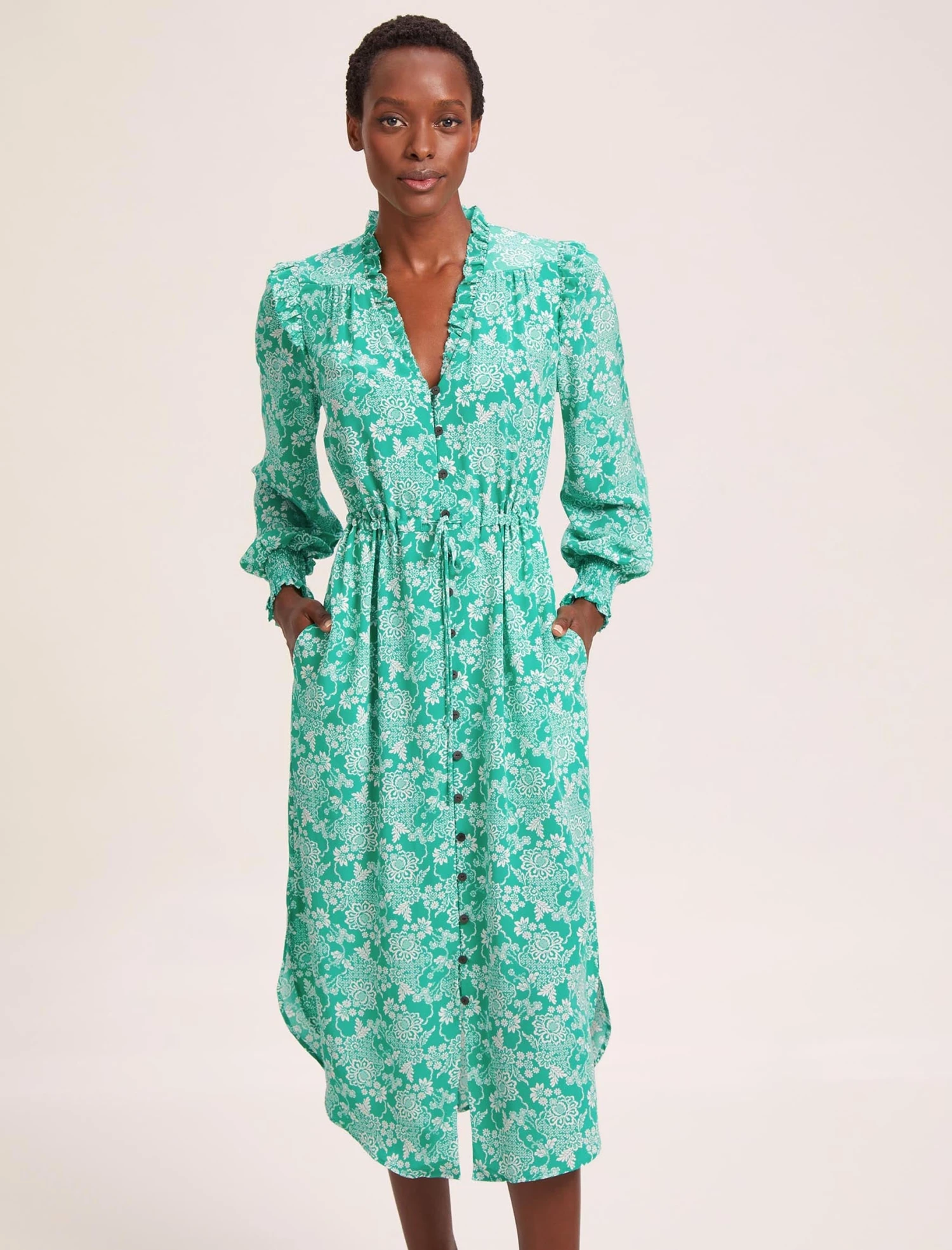 Stella Silk Midi Dress - Green Damask Print 8 Stella Silk Midi Dress - Green Damask Print - Image 6