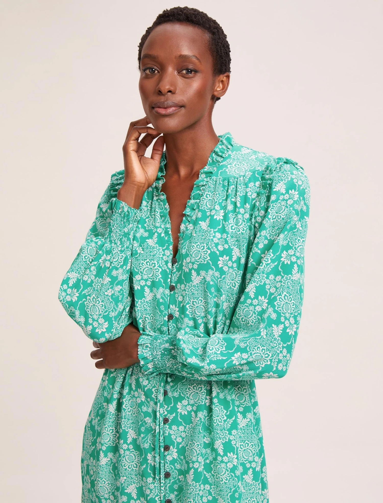 Stella Silk Midi Dress - Green Damask Print 4 Stella Silk Midi Dress - Green Damask Print - Image 2