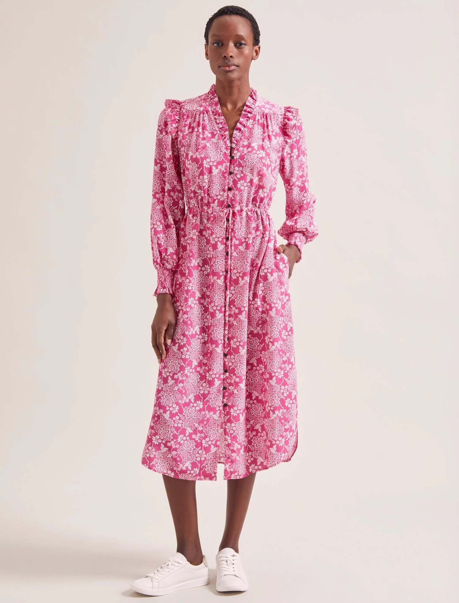 Stella Silk Midi Dress - Hot Pink Damask Print 6 Stella Silk Midi Dress - Hot Pink Damask Print - Image 4