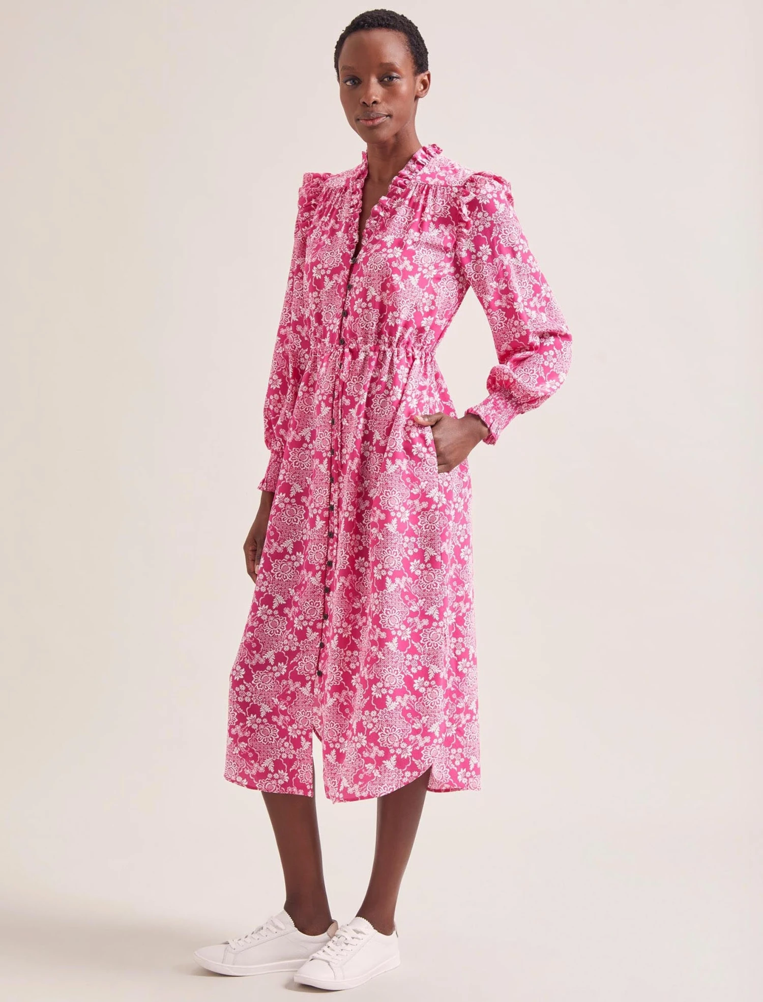 Stella Silk Midi Dress - Hot Pink Damask Print 4 Stella Silk Midi Dress - Hot Pink Damask Print - Image 2