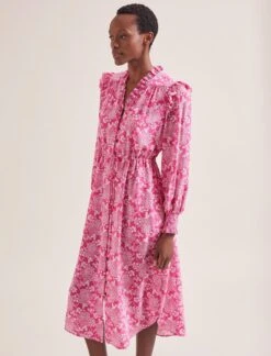 Stella Silk Midi Dress - Hot Pink Damask Print 14 Stella Silk Midi Dress - Hot Pink Damask Print -Cefinn Clothing Store SU24 D368 STELLA HOT PINK DAMASK PRINT LS 0379