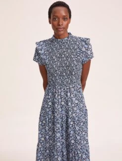 Sabrina Cotton Blend Maxi Dress - Blue Ditsy Carnation Print -Cefinn Clothing Store SU24 D514 SABRINA BLUEDITSYCARNATIONPRINT LS 39747