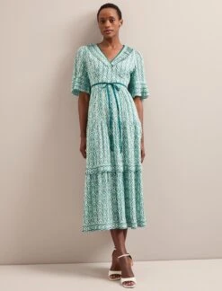 Cordelia Cotton Blend Maxi Dress - White Green Tudor Rose Print -Cefinn Clothing Store SU24 D543 CORDELIA WHITEGREENTUDORPRINT LS 5918