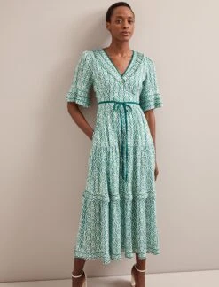 Cordelia Cotton Blend Maxi Dress - White Green Tudor Rose Print -Cefinn Clothing Store SU24 D543 CORDELIA WHITEGREENTUDORPRINT LS 5951