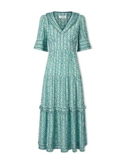 Cordelia Cotton Blend Maxi Dress - White Green Tudor Rose Print -Cefinn Clothing Store SU24 D543 CORDELIA WHITEGREENTUDORROSEPRINT CO